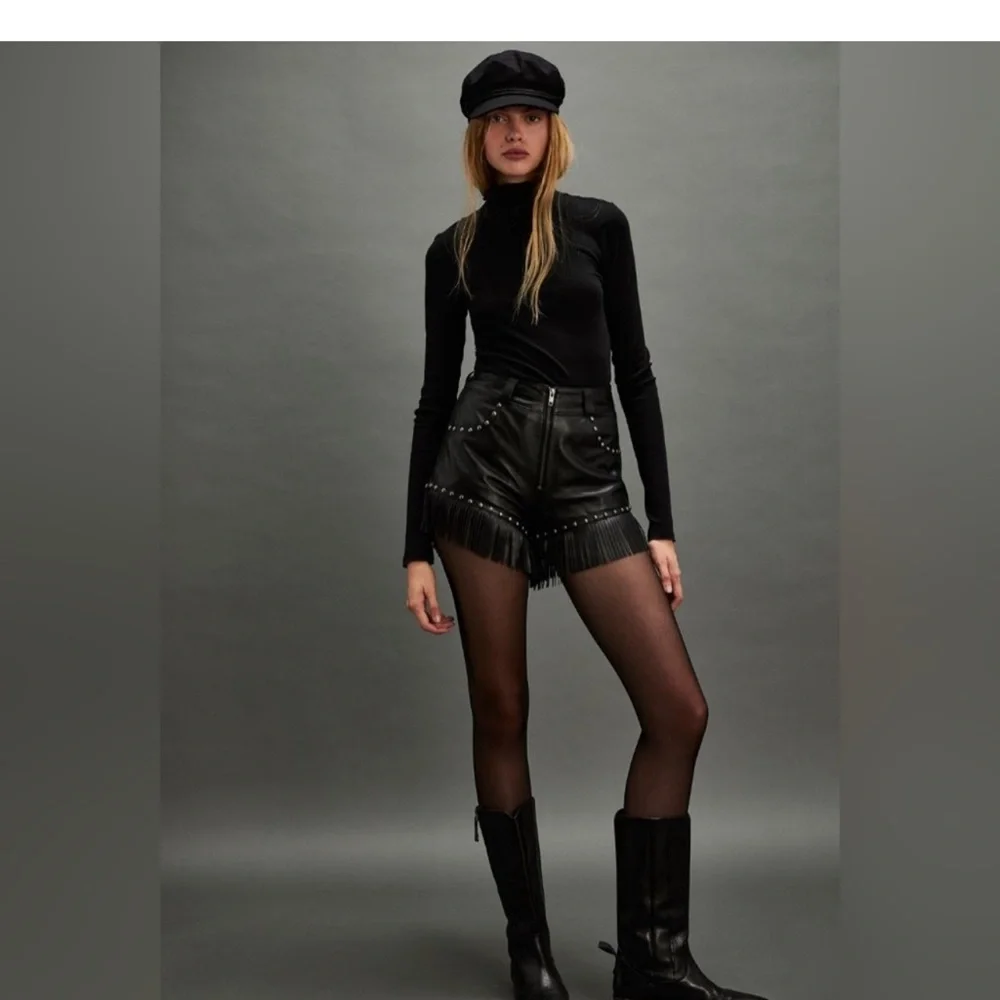 Black High Waist Studded Fringe Shorts - Picture 3 of 5